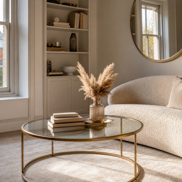 White and gold styled UK living room with a brushed gold nesting coffee table and cream sofa
