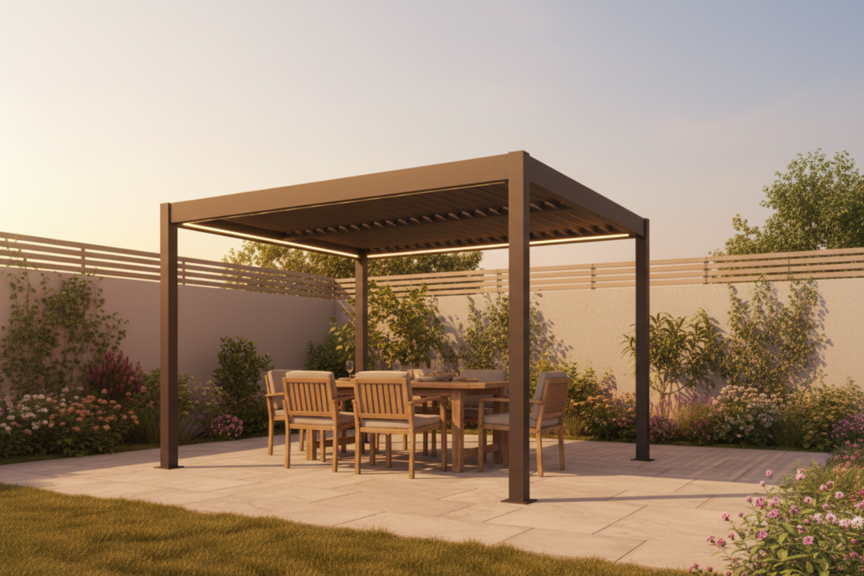 Dark grey aluminium louvred pergola in a beautifully landscaped British garden at golden hour, with outdoor dining furniture underneath — pergola kits from Opal Retail UK