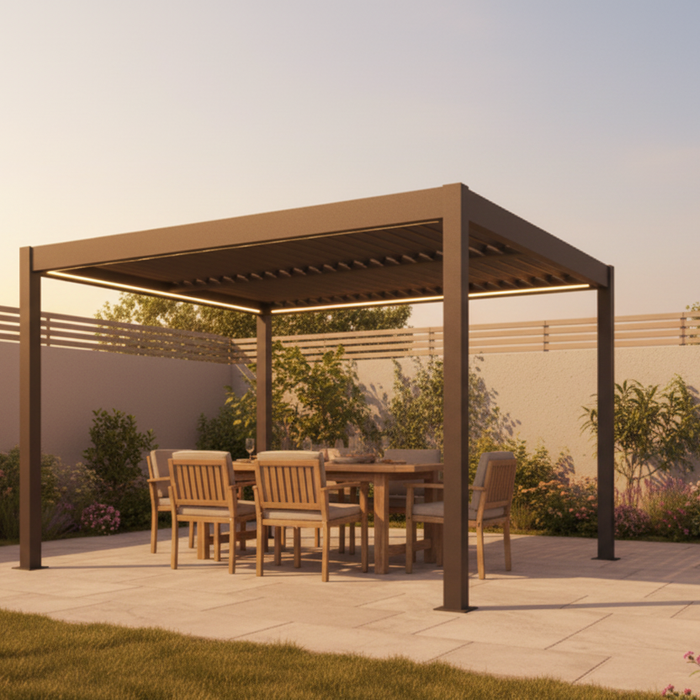 Dark grey aluminium louvred pergola in a beautifully landscaped British garden at golden hour, with outdoor dining furniture underneath — pergola kits from Opal Retail UK