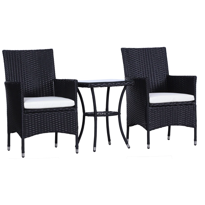 A picture of a 3 piece black rattan bistro set with white cushions 