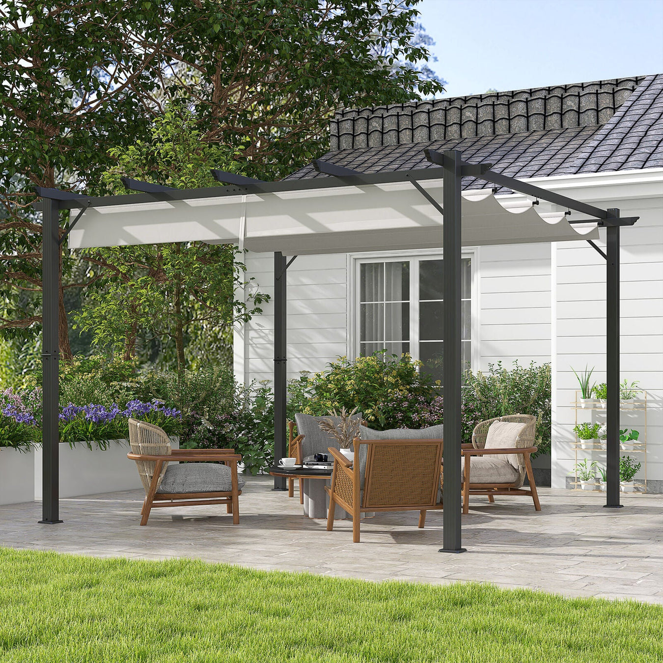 A free standing pergola with grey retractable roof on patio