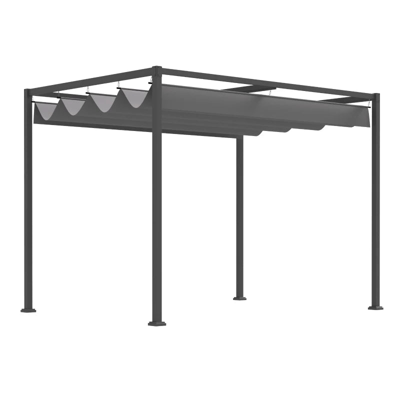 A picture of a pergola with a black frame and cream canopy