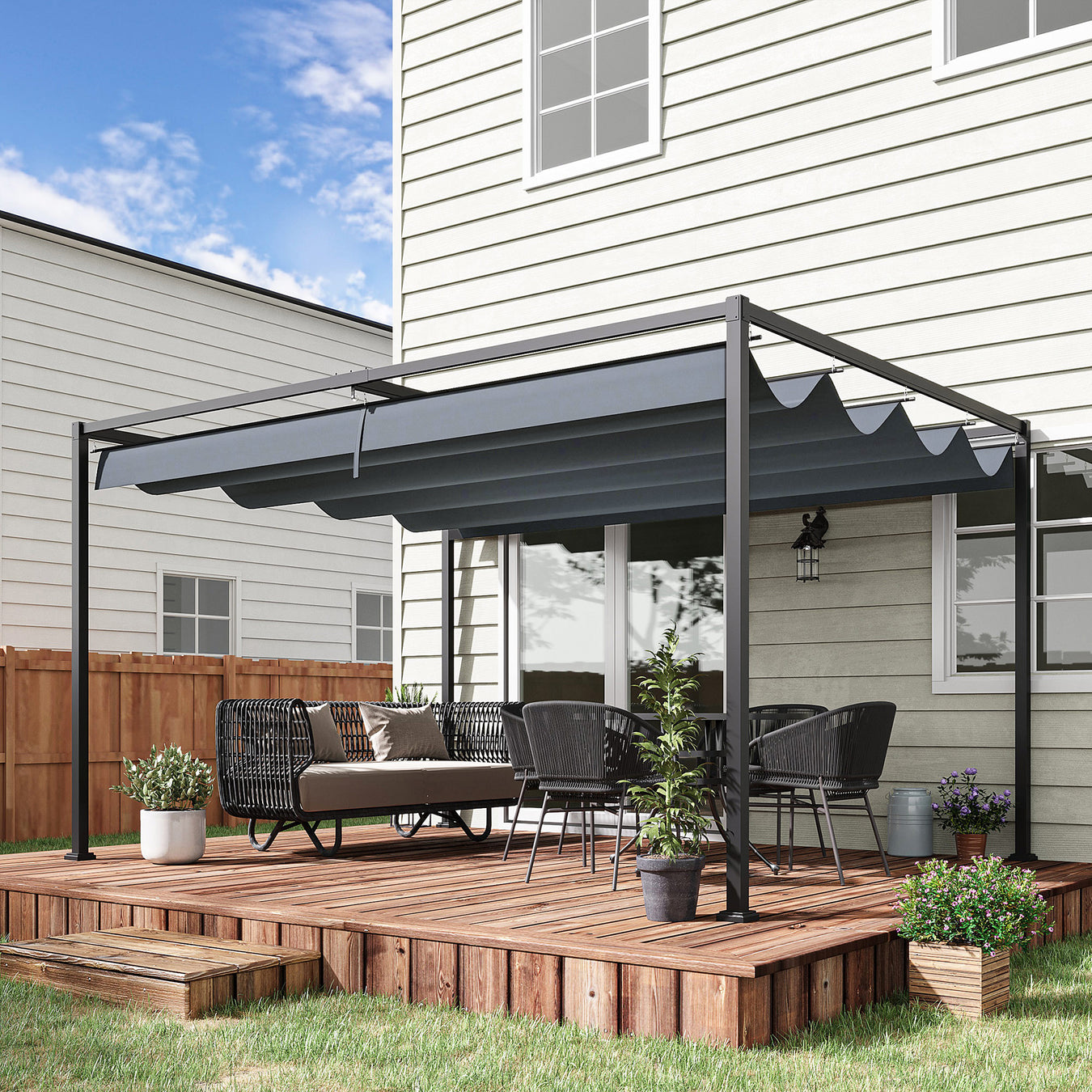 A retractable roof pergola on a deck with a stylish dining set