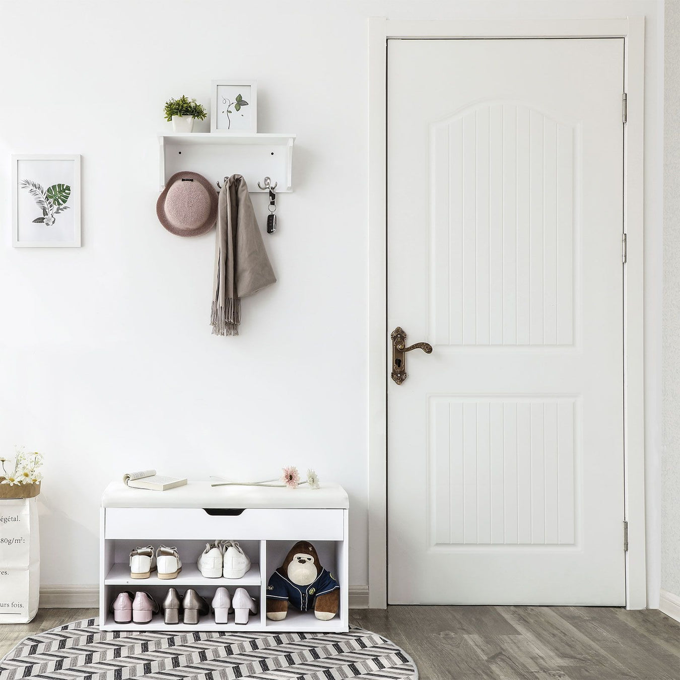 Image of a white Vasagle entryway shoe bench with a cushioned seat