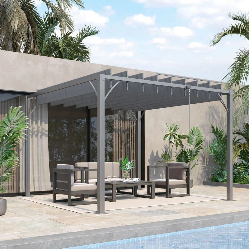 A contemporary garden pergola with a louvered roof on a patio