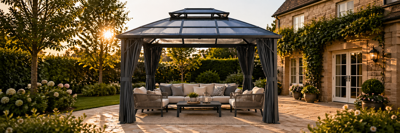 A polycarbonate gazebo on a patio with a rattan sofa set beneath set in the golden hour.