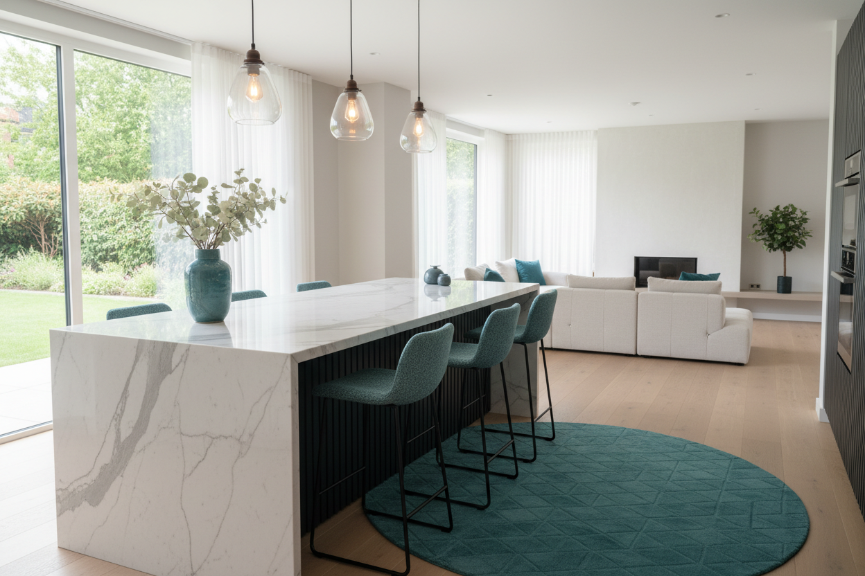 Stylish bar stools at a bright kitchen island, airy interior with natural light and teal accent tones