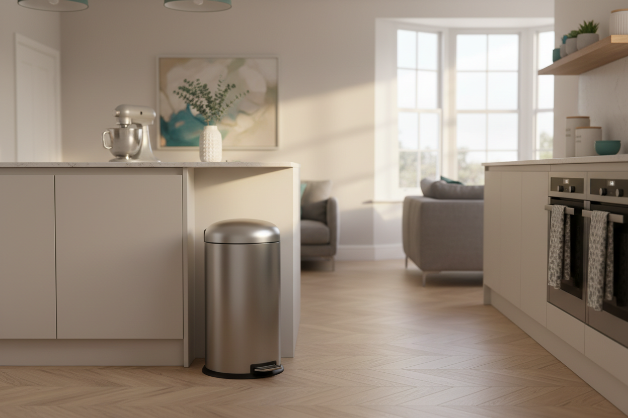Stainless steel kitchen bin in a bright contemporary kitchen with natural light and teal accent tones