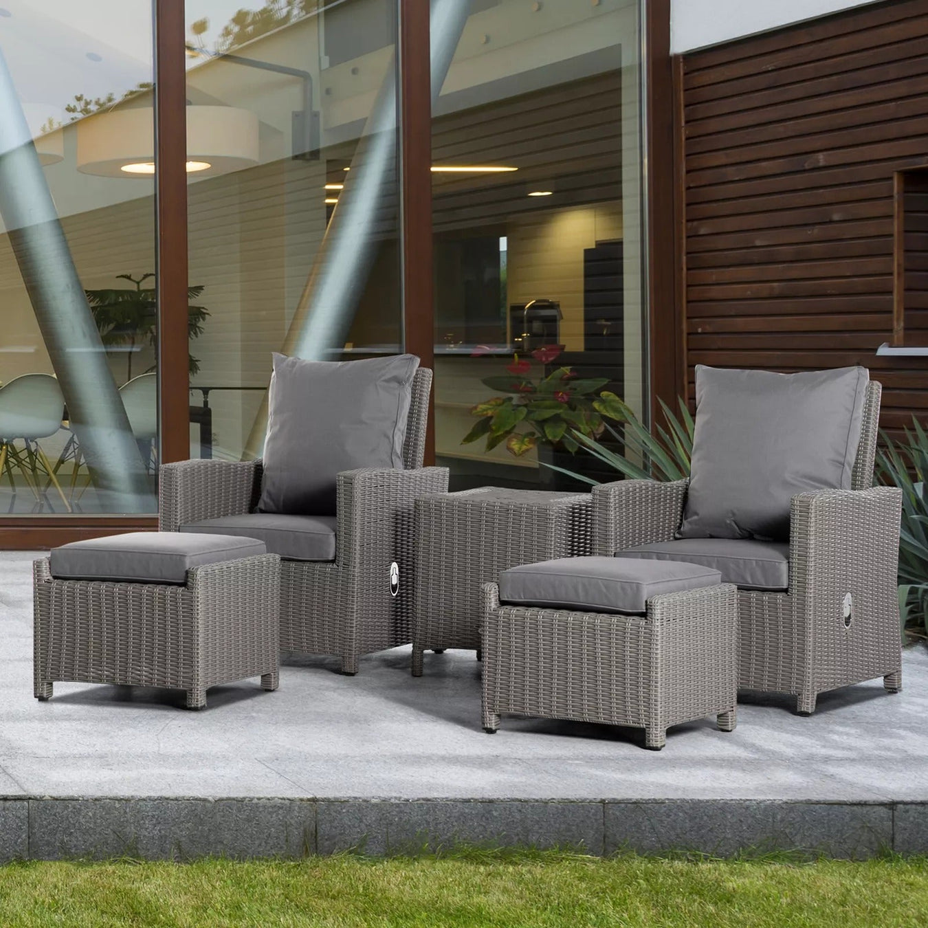 Outsunny Rattan Lounger Set With Footstools Coffee Table and Cushions