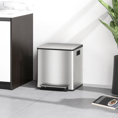 Double Bin For Kitchen Bin with Dual Compartments for Rubbish and Recycling, Stainless Steel, Silver Homcom