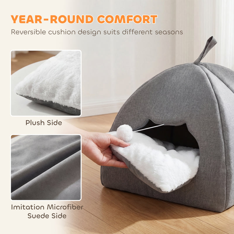 Cat House with Reversible Cushion and Toy Ball for Cosy Indoor Rest Grey White AOSOM