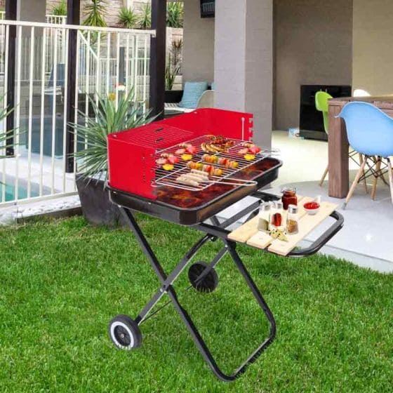 Foldable Charcoal Grill with Wheels - Red & Black