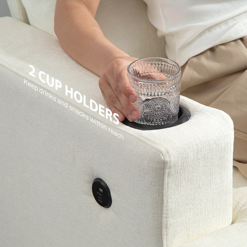 3 Seater Sofa with USB Charging Ports and Cup Holders for Living Room Cream White