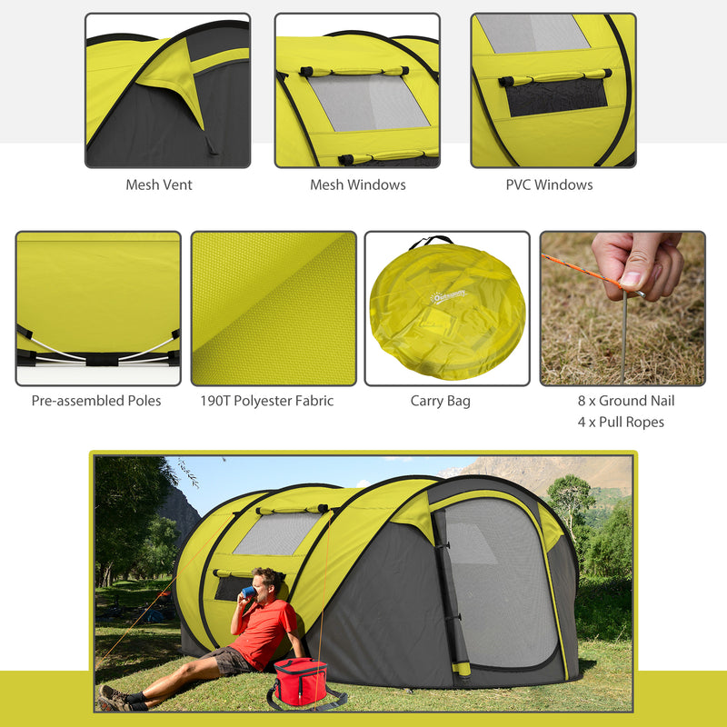 Outsunny 4 Person Pop-up Camping Tent, Family Dome Tent with Ground Sheet, 4 Windows and Portable Carry Bag for Beach Outdoor Trip, Yellow