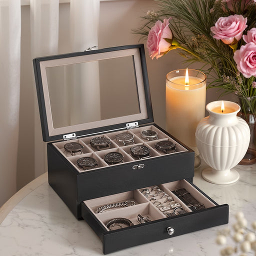 Wooden Watch Box with 8 Slots and Glass Lid 2 Tier Display Case with Cushions by Songmics