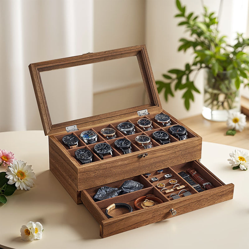 12 Slot Wooden Watch Box with Large Glass Lid Drawer and Soft Cushions 2 Tier Case by Songmics