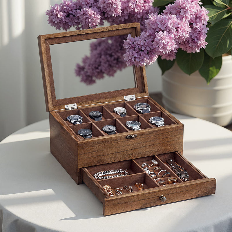 Wooden Watch Box with 8 Slots and Glass Lid Two Tier Display Case with Cushions by Songmics