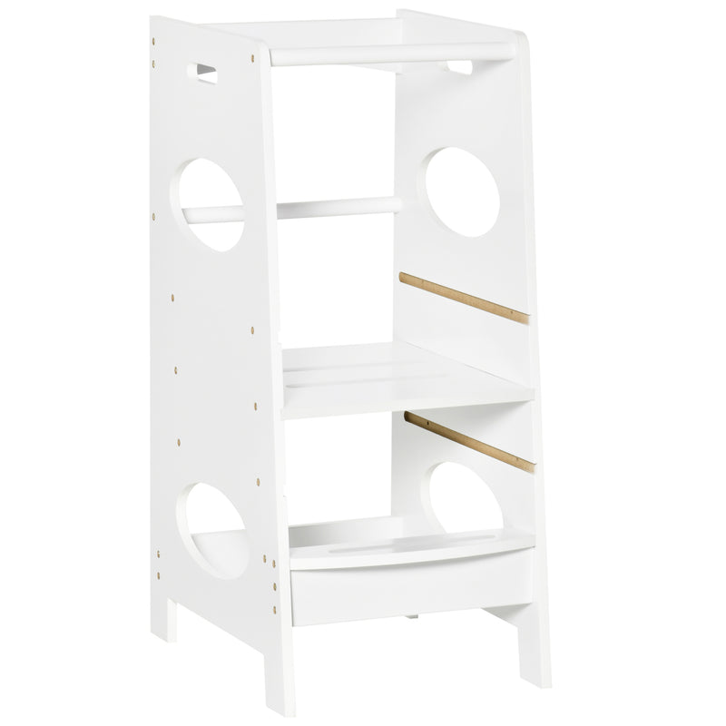 White Toddler Step Stool With Safety Rail Adjustable Kitchen Helper Tower For Kids