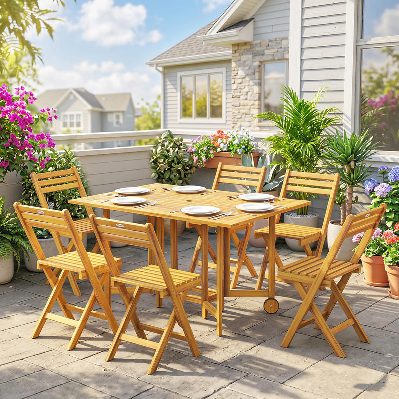Folding Garden Dining Set for 6 with Space Saving Storage Acacia Wood Natural Outsunny