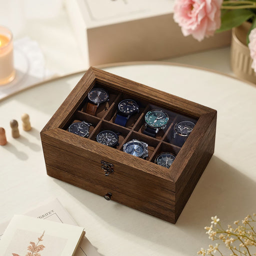 Wooden Watch Box with 8 Slots and Glass Lid Two Tier Display Case with Cushions by Songmics