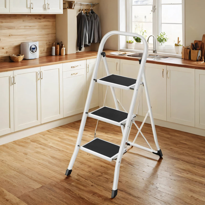 Folding Three Step Ladder with Anti Slip Treads and Sturdy Steel Frame by Songmics