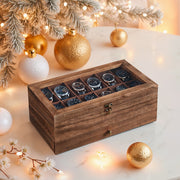 12 Slot Wooden Watch Box with Large Glass Lid Drawer and Soft Cushions 2 Tier Case by Songmics