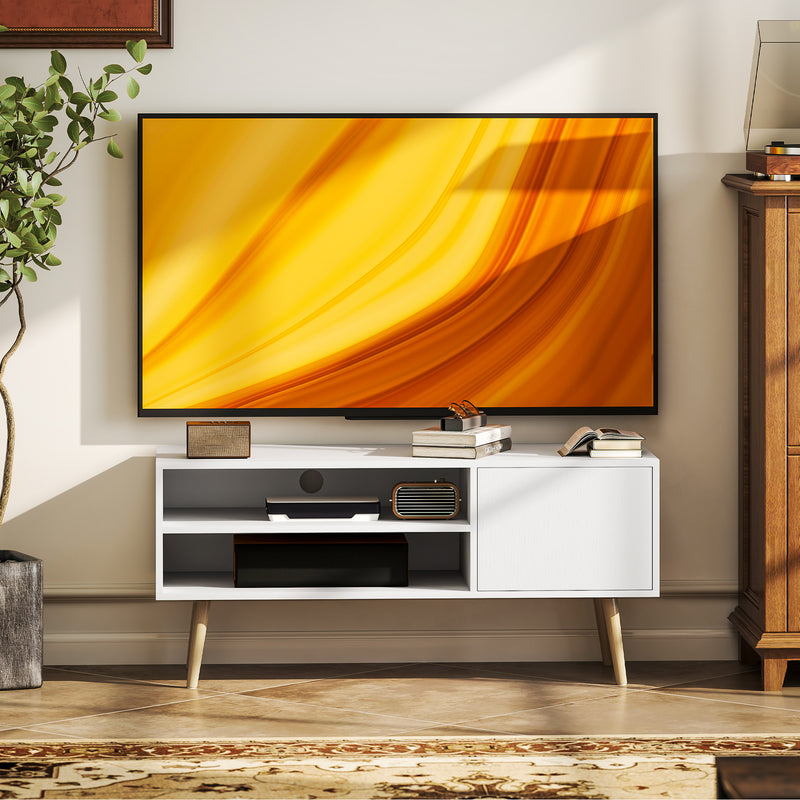 White TV Stand for TVs up to 55 Inches with Open Shelves and Cable Management