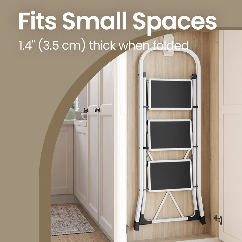 Folding Three Step Ladder with Anti Slip Treads and Sturdy Steel Frame by Songmics