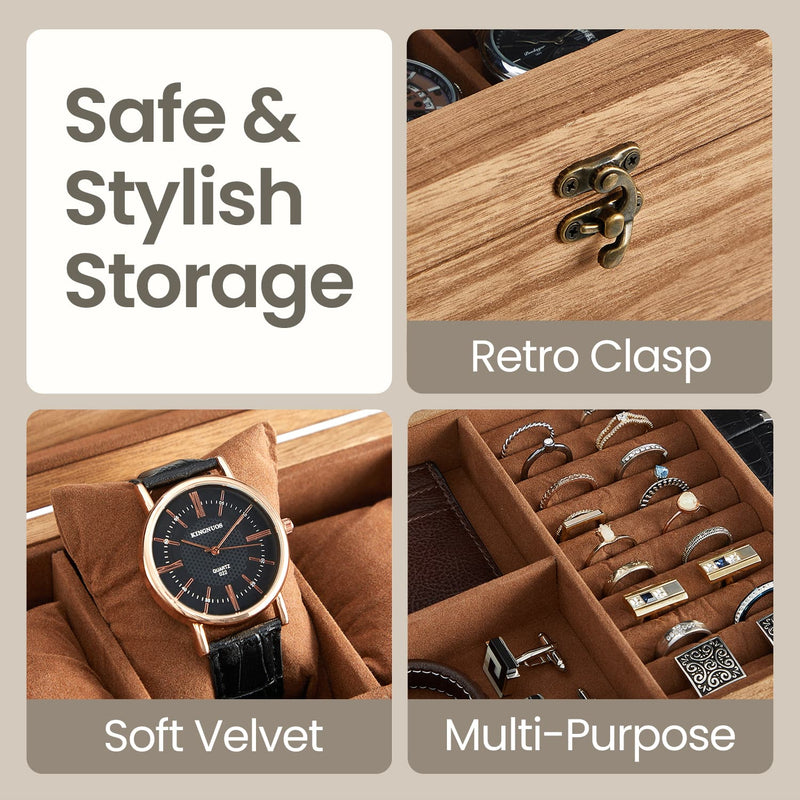 Wooden Watch Box with 8 Slots and Glass Lid Two Tier Display Case with Cushions by Songmics