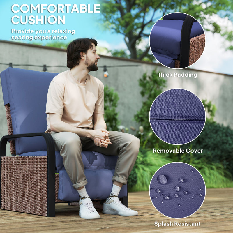 Rattan Garden Recliner Chair with Cushion Side Tray and Adjustable Footrest by Outsunny