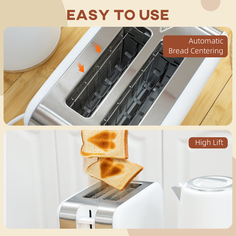 White 1.7L Fast Boil Cordless Kettle and 2 Slice Toaster Set With 7 Browning Levels by HOMCOM