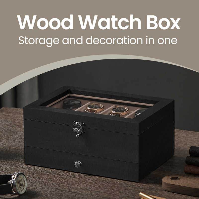Wooden Watch Box with 8 Slots and Glass Lid 2 Tier Display Case with Cushions by Songmics