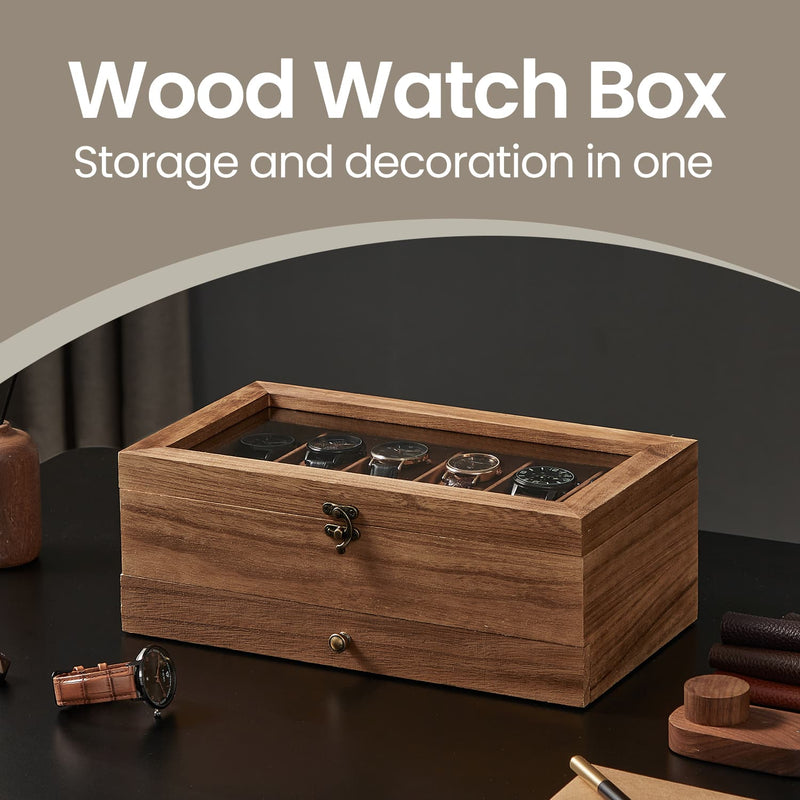 12 Slot Wooden Watch Box with Large Glass Lid Drawer and Soft Cushions 2 Tier Case by Songmics