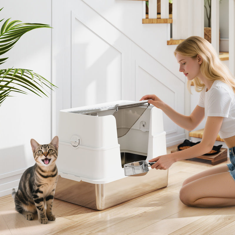 XL Enclosed Stainless Steel Cat Litter Box With Flip Top and Dual Entry Easy Clean, Silver