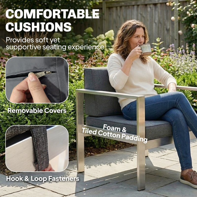 4-Piece Aluminium Garden Lounge Set with 10cm Deep Cushions and Wood-Effect Coffee Table, Dark Grey