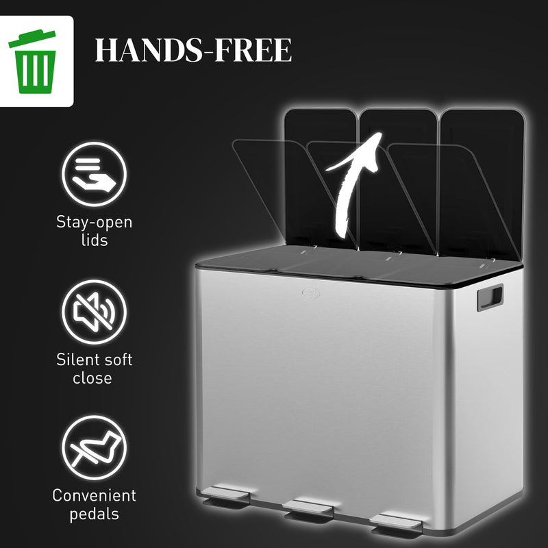 Kitchen Pedal Bin with Three Compartments for Easy Waste and Recycling Sorting Silver Tone AOSOM