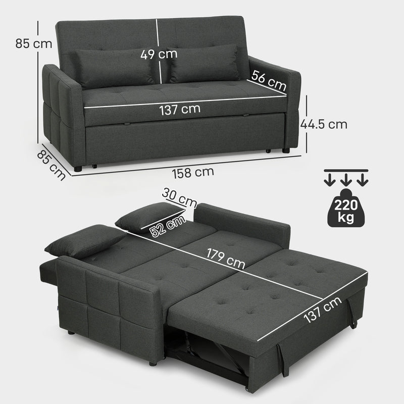 Two Seater Sofa Bed With Three Reclining Positions For Lounge Or Guest Room Charcoal Grey AOSOM