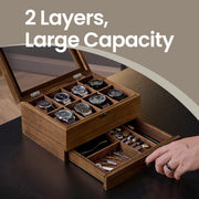 Wooden Watch Box with 8 Slots and Glass Lid Two Tier Display Case with Cushions by Songmics
