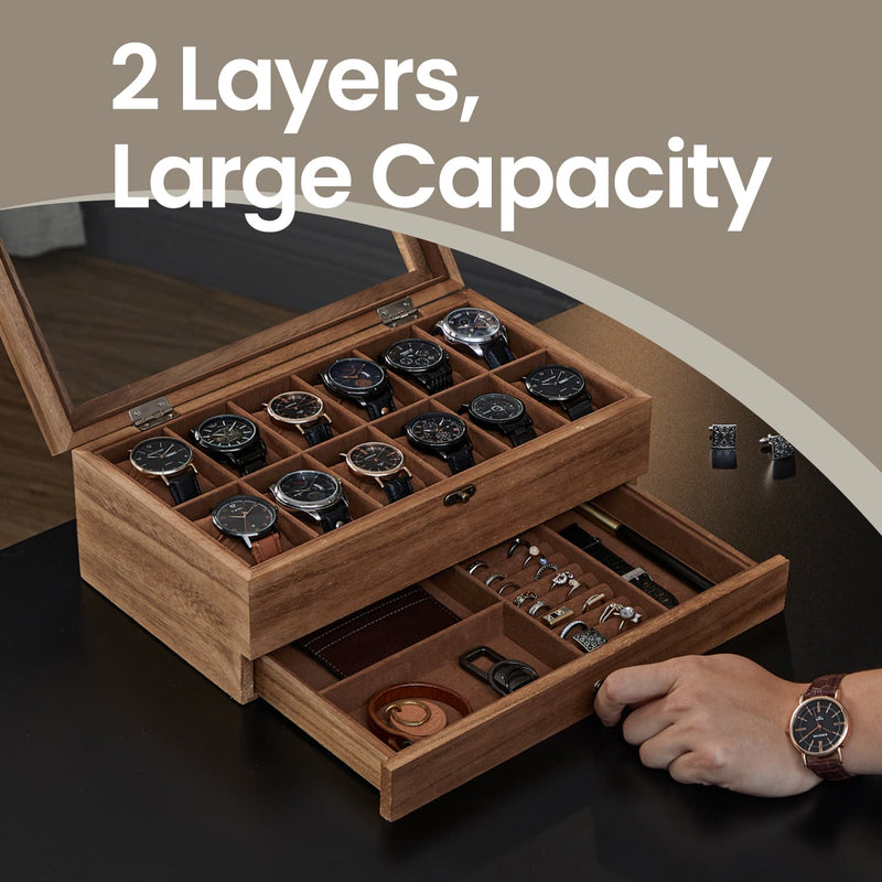 12 Slot Wooden Watch Box with Large Glass Lid Drawer and Soft Cushions 2 Tier Case by Songmics