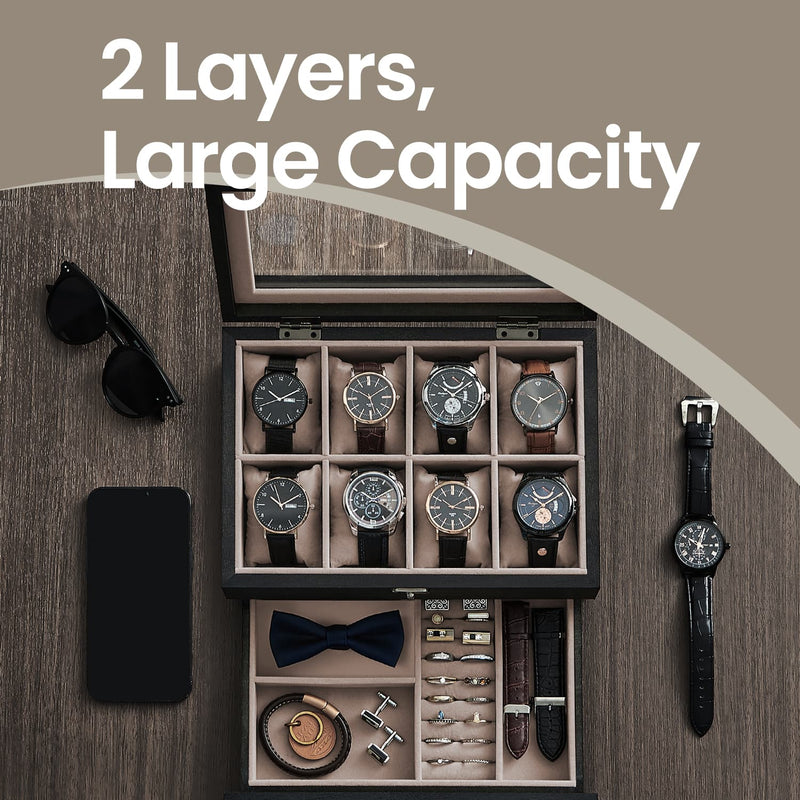 Wooden Watch Box with 8 Slots and Glass Lid 2 Tier Display Case with Cushions by Songmics