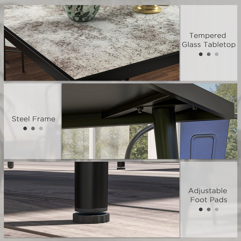 Grey Square Garden Table For 4 With Marble Effect Glass Top And Steel Frame Patio Use