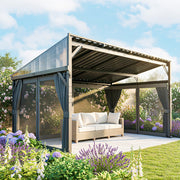 Lean To Steel Roof Garden Pergola With Netting Ideal For Patios And Outdoor Shade Dark Grey AOSOM