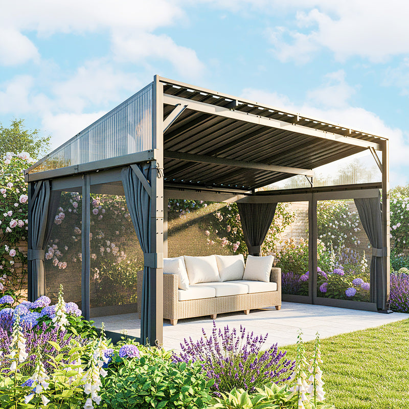 Lean To Steel Roof Garden Pergola With Netting Ideal For Patios And Outdoor Shade Dark Grey AOSOM