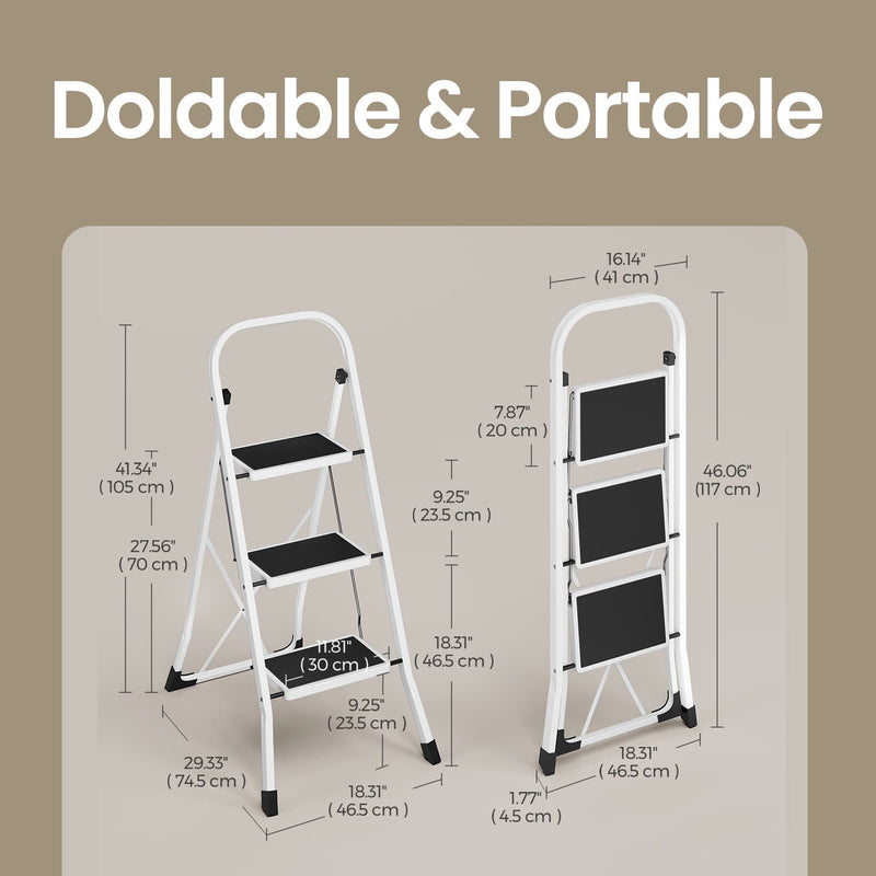 Folding Three Step Ladder with Anti Slip Treads and Sturdy Steel Frame by Songmics