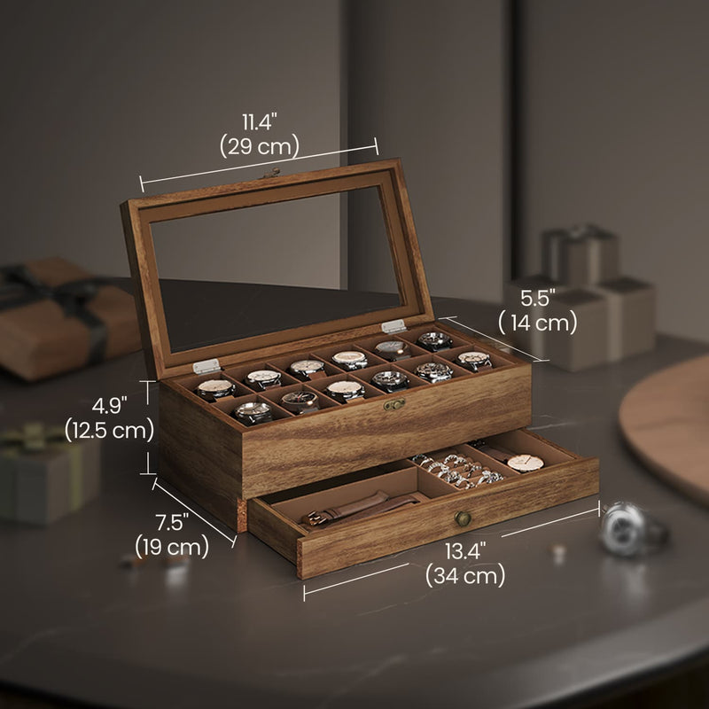 12 Slot Wooden Watch Box with Large Glass Lid Drawer and Soft Cushions 2 Tier Case by Songmics
