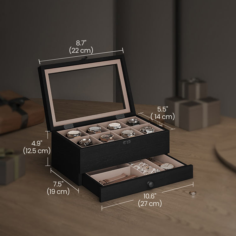Wooden Watch Box with 8 Slots and Glass Lid 2 Tier Display Case with Cushions by Songmics