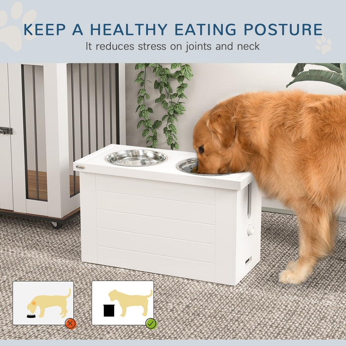 White Raised Dog Bowl Stand With Slow Feeder Mat Storage Cabinet and 3 Stainless Steel Bowls by PawHut