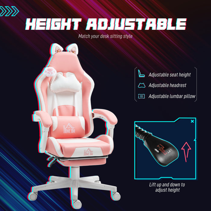 Pink and White Cat Ear Adjustable Gaming Chair Wheels and Footrest by HOMCOM