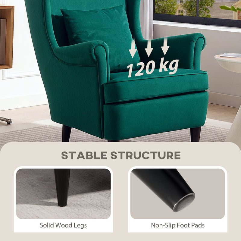 Dark Green Velvet Wingback Armchair With High Back And Pillow For Living Room Comfort