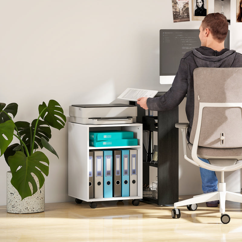 Printer Stand with Shelves and Lockable Wheels for Small Home Office Storage White Homcom